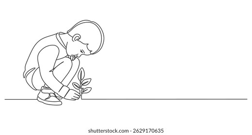 Continuous single line sketch drawing of watering can plant tree seedling growth. One line art of nature agriculture farming
