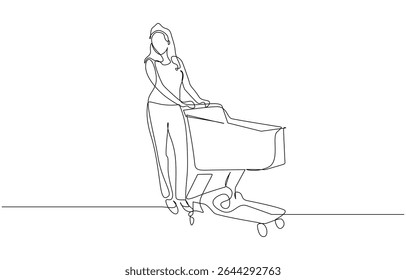Continuous single line sketch drawing young happy woman pushing shopping trolley cart, Monthly shopping in supermarket concept. Single line draw design illustration.