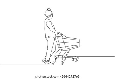 Continuous single line sketch drawing young happy woman pushing shopping trolley cart, Monthly shopping in supermarket concept. Single line draw design illustration.