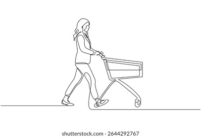 Continuous single line sketch drawing young happy woman pushing shopping trolley cart, Monthly shopping in supermarket concept. Single line draw design illustration.