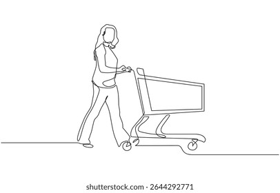 Continuous single line sketch drawing young happy woman pushing shopping trolley cart, Monthly shopping in supermarket concept. Single line draw design illustration.