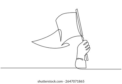 Continuous single line sketch drawing of hand holding flag show success, Hand holds flag in single line illustration.
