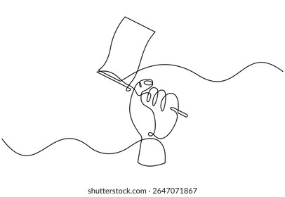 Desenho de esboço de linha única contínuo da bandeira de mão segurando mostram o sucesso, Mão segura a bandeira na ilustração de linha única.