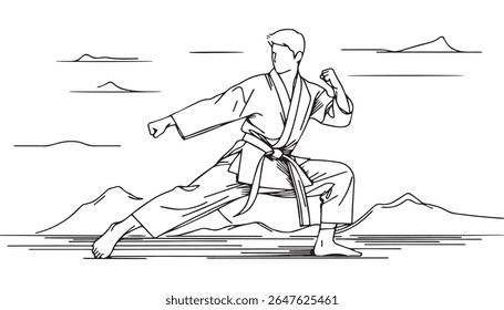 Desenho de esboço de linha única contínuo de jovem homem e mulher confiante karateka em kimono praticando combate de karatê luta. Uma linha de arte marcial tradicional conceito de treinamento Vetor ilustração