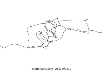 Desenho de esboço de linha única contínua da mulher que dorme na cama de travesseiro vetor de estilo de vida de uma linha, personagem feminina está cochilando na cama. Desenho de linha contínua com contorno editável.