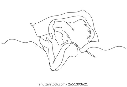 Desenho de esboço de linha única contínua da mulher que dorme na cama de travesseiro vetor de estilo de vida de uma linha, personagem feminina está cochilando na cama. Desenho de linha contínua com contorno editável.