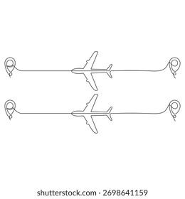 Continuous single line sketch drawing of airplane flying from maps pin pointer location.