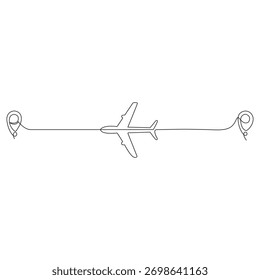 Desenho de esboço de linha única contínuo de avião voando a partir da localização do ponteiro de pino dos mapas.