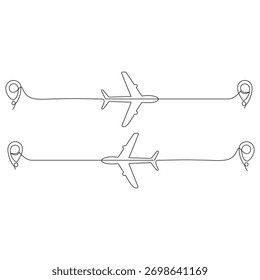 Continuous single line sketch drawing of airplane flying from maps pin pointer location.