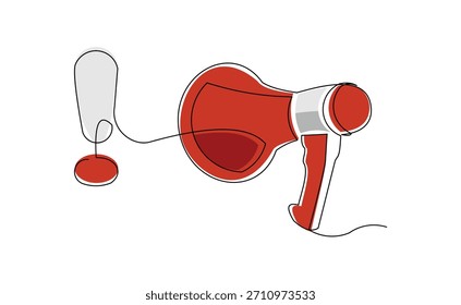 Dibujo continuo de boceto de una sola línea de signo de exclamación de megáfono signo de advertencia de atención trazo editable de Ilustración vectorial de una línea