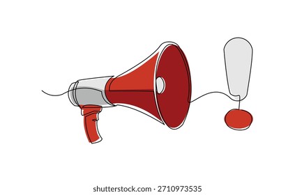 Dibujo continuo de boceto de una sola línea de signo de exclamación de megáfono signo de advertencia de atención trazo editable de Ilustración vectorial de una línea