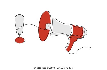 Dibujo continuo de boceto de una sola línea de signo de exclamación de megáfono signo de advertencia de atención trazo editable de Ilustración vectorial de una línea