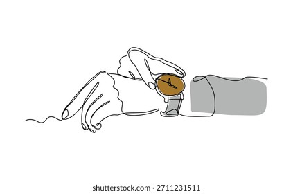 Desenho de esboço de linha única contínuo de pessoas usando relógio de pulso. Uma arte de linha de empresário olhando tempo em seu relógio ilustração vetor traço editável
