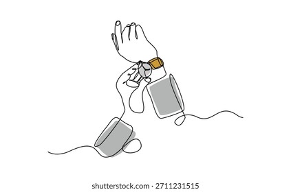 Dibujo continuo de boceto de una sola línea de personas con reloj de pulsera. Una línea de arte de hombre de negocios mirando el tiempo en su reloj de Ilustración vectorial editable golpe