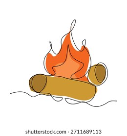 Dibujo continuo de boceto de una sola línea de la actividad de campamento de fogata. Una línea de cuerpo cálido en la luz del camping, cocina comida y agua al aire libre senderismo viaje viaje Ilustración vectorial editable golpe