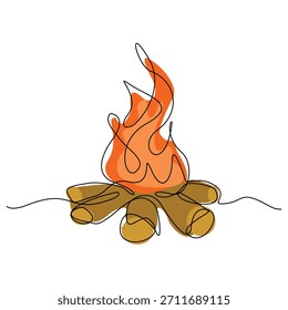 Desenho de esboço de linha única contínuo da atividade de acampamento da fogueira da fogueira. Uma linha corpo quente na luz do acampamento, cozinhar alimentos e água ao ar livre caminhadas viagem vetor ilustração editável traço