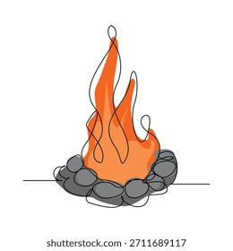 Dibujo continuo de boceto de una sola línea de la actividad de campamento de fogata. Una línea de cuerpo cálido en la luz del camping, cocina comida y agua al aire libre senderismo viaje viaje Ilustración vectorial editable golpe