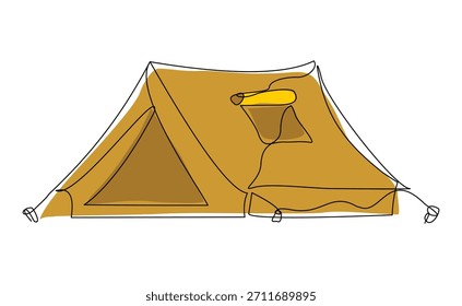 Boceto continuo de una sola línea que dibuja el viaje al aire libre de la tienda que acampa. Una línea de arte naturaleza turismo, viaje, aventura Ilustración vectorial editable golpe
