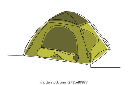 Boceto continuo de una sola línea que dibuja el viaje al aire libre de la tienda que acampa. Una línea de arte naturaleza turismo, viaje, aventura Ilustración vectorial editable golpe