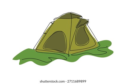 Boceto continuo de una sola línea que dibuja el viaje al aire libre de la tienda que acampa. Una línea de arte naturaleza turismo, viaje, aventura Ilustración vectorial editable golpe