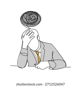 Continuous single line sketch drawing of business man in depression, stressed, and despair. One line art vector illustration editable stroke
