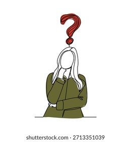 Dibujo continuo de boceto de una sola línea de mujer pensante con signo de interrogación. Una línea de arte de la mujer de negocios que piensa en la idea. Trazo editable de Ilustración vectorial