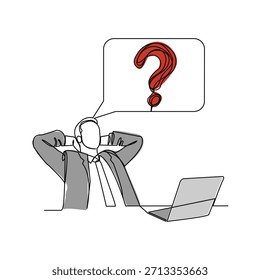 Dibujo continuo de bosquejo de una sola línea del hombre pensante con preguntas marca la burbuja del discurso. Una línea de arte del hombre de negocios que piensa en la idea. Trazo editable de Ilustración vectorial