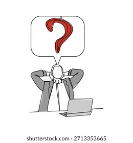 Dibujo continuo de bosquejo de una sola línea del hombre pensante con preguntas marca la burbuja del discurso. Una línea de arte del hombre de negocios que piensa en la idea. Trazo editable de Ilustración vectorial