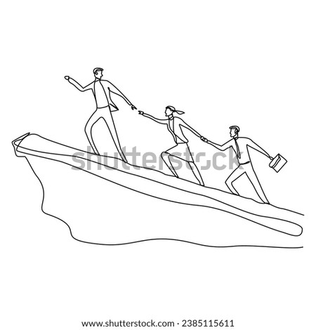 Continuous single line sketch drawing group of people man woman helping each other hike up a mountain. One line art business, success, leadership, achievement and goal 