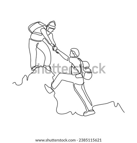 Continuous single line sketch drawing group of people man woman helping each other hike up a mountain. One line art business, success, leadership, achievement and goal 