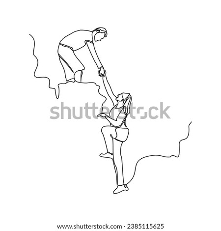 Continuous single line sketch drawing group of people man woman helping each other hike up a mountain. One line art business, success, leadership, achievement and goal 