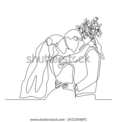Continuous single line sketch drawing of romantic wedding couple groom and bride elegant suit and dress. One line art of  married couple wedding celebration day hug kiss pose vector illustration