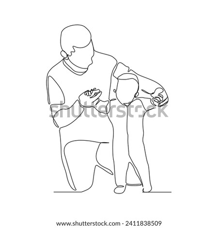 Continuous single line sketch drawing of father dad teaching child to walk and playing. One line art of love parenting family concept vector illustration