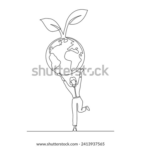 Continuous single line sketch drawing of happy woman holding earth globe and plant tree save world environment. One line art of protect nature ecology earth care world day vector illustration