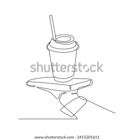 Continuous single line sketch drawing of waitress hand holding tray with coffee drink paper cup. One line art of hot drink cafe restaurant serving vector illustration