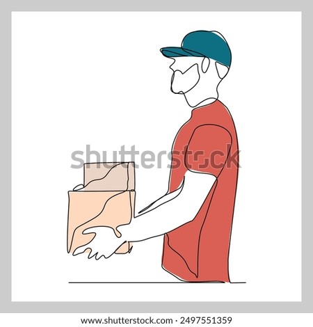 Continuous single line sketch drawing of delivery courier man holding cardboard box package container order. One line delivery shipment worker people vector illustration