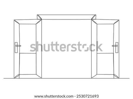 Continuous single line sketch drawing of opened door house wooden furniture. One line art of open freedom future concept vector illustration