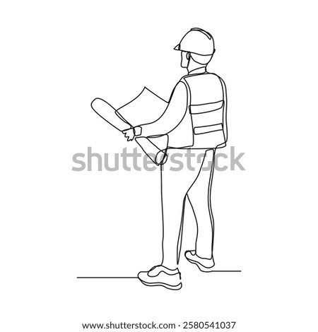 Continuous single line sketch drawing of male man architect construcstor building or angineer mechanic looking for  blue print paper professional occupation work one line vector illustration