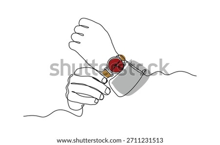 Continuous single line sketch drawing of people hand wearing wrist watch. One line art of businessman looking time on his watch vector illustration editable stroke