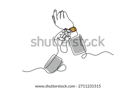 Continuous single line sketch drawing of people hand wearing wrist watch. One line art of businessman looking time on his watch vector illustration editable stroke