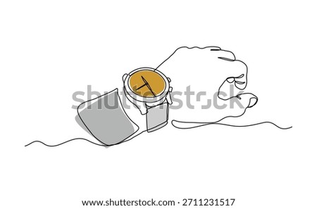 Continuous single line sketch drawing of people hand wearing wrist watch. One line art of businessman looking time on his watch vector illustration editable stroke