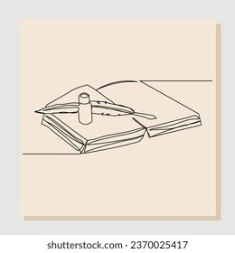 Continuous single line sketch hand drawn drawing of quill pen ink and stack of book. One line art concept of vintage brush pen signature and lettering. Vector illustration