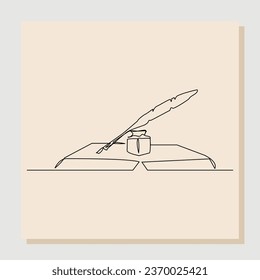 Continuous single line sketch hand drawn drawing of quill pen ink and stack of book. One line art concept of vintage brush pen signature and lettering. Vector illustration