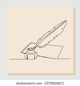 Continuous single line sketch hand drawn drawing of quill pen ink and paper note. One line art concept of vintage brush pen signature and lettering. Vector illustration