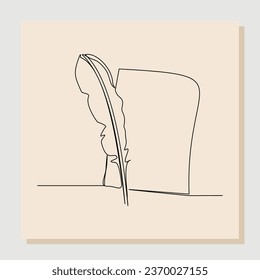 Continuous single line sketch hand drawn drawing of quill pen ink and paper note. One line art concept of vintage brush pen signature and lettering. Vector illustration