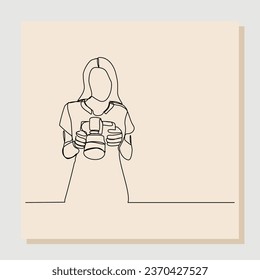Continuous single line sketch hand drawn drawing of professional woman photographer take picture use camera. One line art concept of photography. Vector illustration