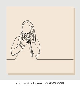 Continuous single line sketch hand drawn drawing of professional woman photographer take picture use camera. One line art concept of photography. Vector illustration