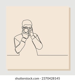 Continuous single line sketch hand drawn drawing of professional man photographer take picture use camera. One line art concept of photography. Vector illustration