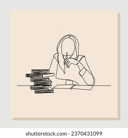 Continuous single line sketch hand drawn drawing of young woman studying and reading with stack of books. One line art of education concept. Vector illustration
