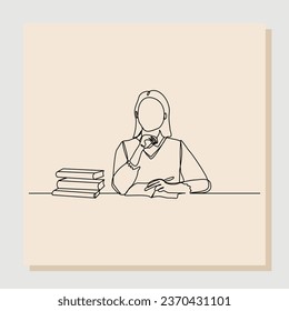Continuous single line sketch hand drawn drawing of young woman studying and reading with stack of books. One line art of education concept. Vector illustration